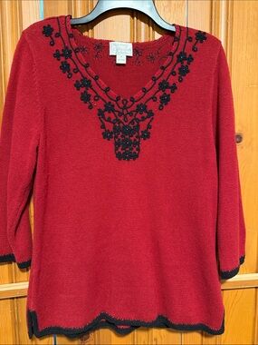 Christopher Banks hand crocheted Embellished V-Neck Red Sweater with Black Trim